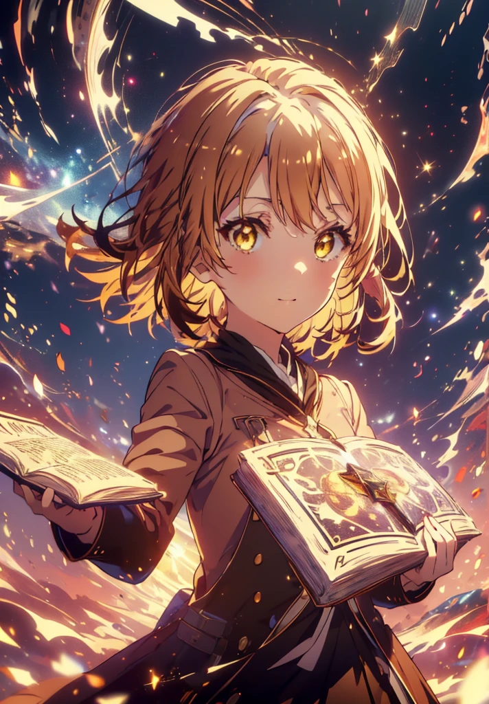 Irohaisshiki, isshiki iroha, Short Hair, Brown Hair, (Brown eyes:1.5), smile,((Night Sky)),((Big full moon)),((Sparkling and colorful stars)),Fluffy hair,((Idol style costume with soft volume)),Long skirt,Holding a magic book in his right hand,Uses magic with left hand,((witch)),Rubik&#39;s Square,
break outdoors, forest,forest
break looking at viewer,Upper Body,
break (masterpiece:1.2), Highest quality, High resolution, unity 8k wallpaper, (shape:0.8), (Narrow and beautiful eyes:1.6), Highly detailed face, Perfect lighting, Highly detailed CG, (Perfect hands, Perfect Anatomy),
