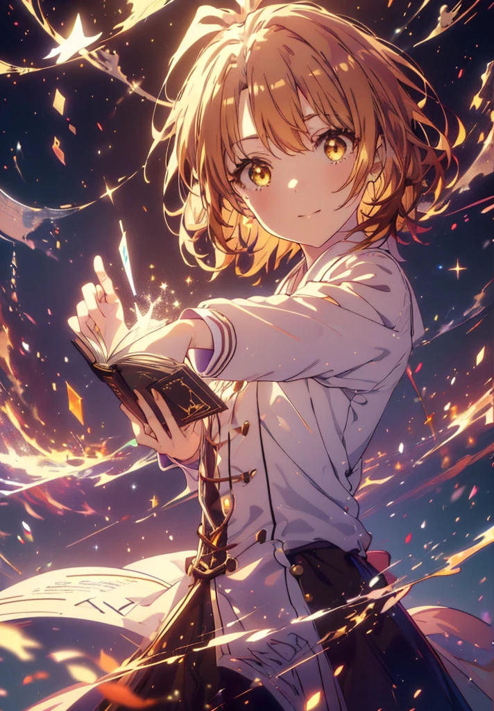 Irohaisshiki, isshiki iroha, Short Hair, Brown Hair, (Brown eyes:1.5), smile,((Night Sky)),((Big full moon)),((Sparkling and colorful stars)),Fluffy hair,((Idol style costume with soft volume)),Long skirt,Holding a magic book in his right hand,Uses magic with left hand,((witch)),Rubik&#39;s Square,
break outdoors, forest,forest
break looking at viewer,Upper Body,
break (masterpiece:1.2), Highest quality, High resolution, unity 8k wallpaper, (shape:0.8), (Narrow and beautiful eyes:1.6), Highly detailed face, Perfect lighting, Highly detailed CG, (Perfect hands, Perfect Anatomy),