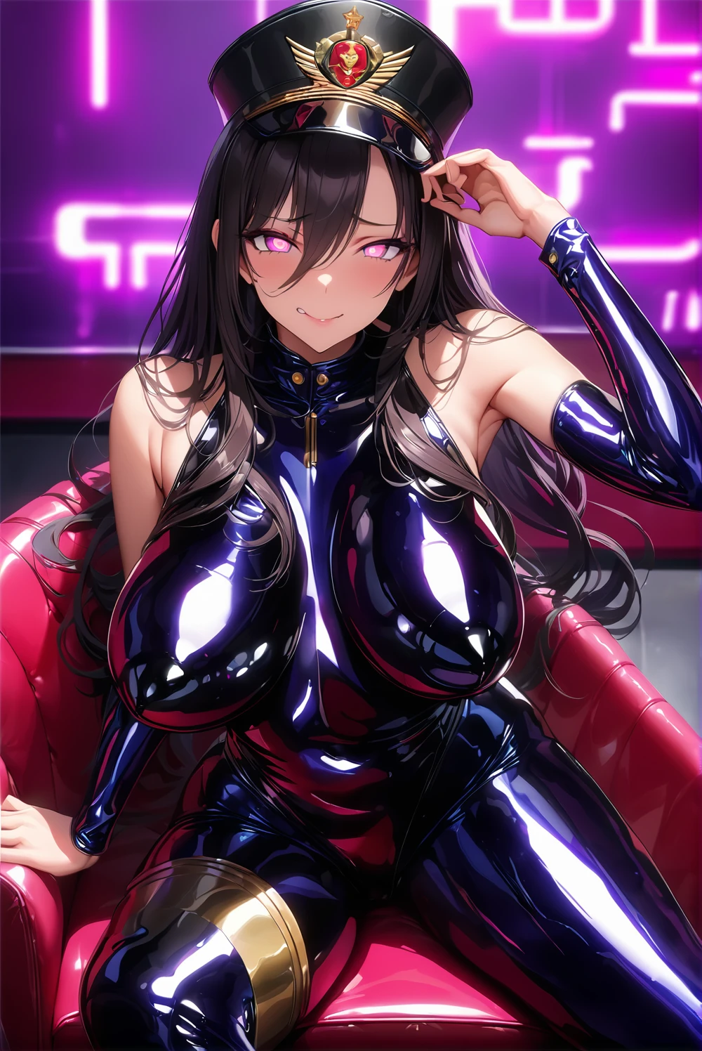 masterpiece, best quality, 1lady,black hair,long hair,glowing eyes, (finely detailed empty pupils and detailed face),,,,extremely detailed picture unity 8k wallpaper,solo,(latex military costume:0.9),large breasts,seductive smile,military hat,latex thighhigh,large breasts,black hair,pink eyes,black leotard,pantyhose,no sleeve,enamel suits,grossy lips,sitting,bust shot,sadistic smile,,heel,sexy pose