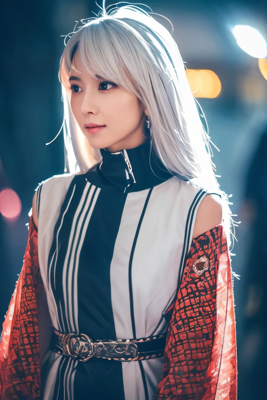 Masterpiece, high quality, high resolution, 8K, (solo:1.2), ((1girl)), Japanese woman, detailed face, detailed eyes, correct body structure, upper body, ((White hair:1.2)), very long hair, messy hair, slender body, seductive silhouette, luminous bones, depth of field, dark photo at nighttime, dimly lit, bangs, Cinematic Lighting, Tyndall effect, abstract background, futuristic outfits, vibrant colors, modern style, wide sleeves, artistic, unique patterns, colorful, stylish, trendy