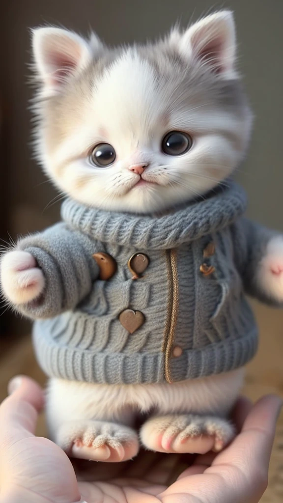 kitten in clothes, detailed paws、Cute Paw、miniature kitten, Animal focus, bearded, realistic, POV Hand, ambiguous background,smile,interesting、