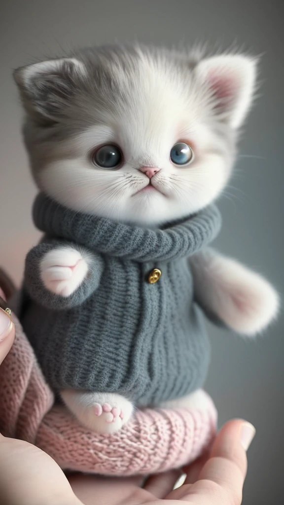 kitten in clothes, detailed paws、Cute Paw、miniature kitten, Animal focus, bearded, realistic, POV Hand, ambiguous background,smile,interesting、