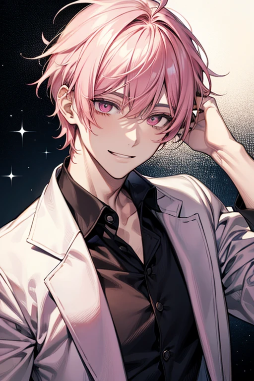 good looking, alone, 1 male, short hair, Pink Hair, Droopy eyes,Pink Eyes, Smile Facial