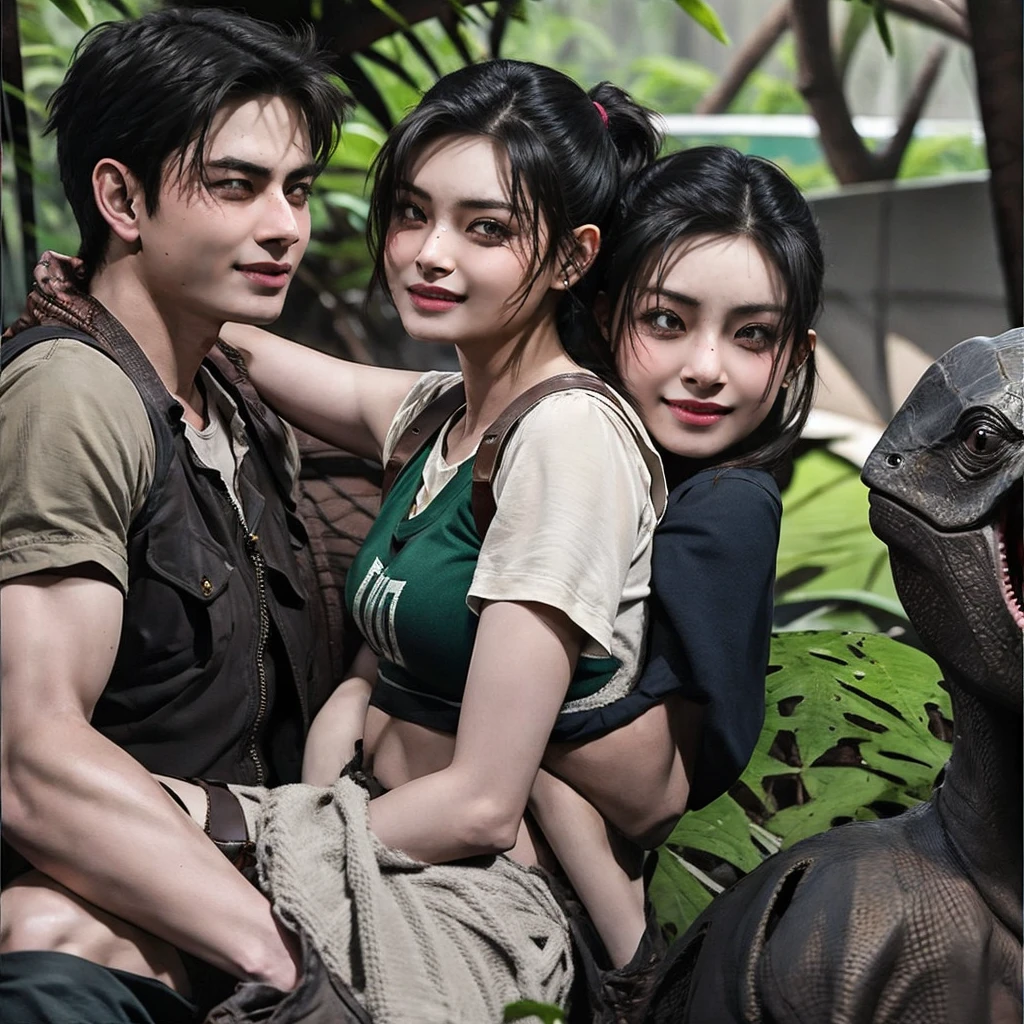 Cute girl with her boyfriend , looking happy in jurassic park