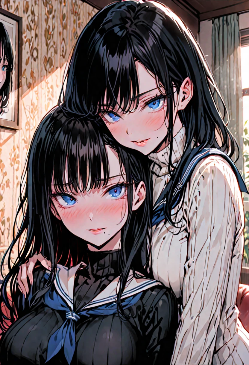 female, duo, living room, asymmetrical docking, close up, mother and daughter, (mother, huge breasts, long wavy black hair, blue eyes, ribbed turtleneck, mole under mouth, seductive smile), (daughter, long black hair, relations, medium breasts, shy, blush, young, serafuku)