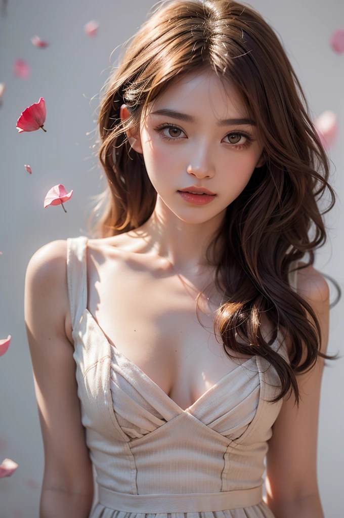 Shiny orange hair, orange eyes, rose and white, sakura leafs and rose petals, vivid colors, white dress, paint splash, simple background, ray tracing, wavy hair