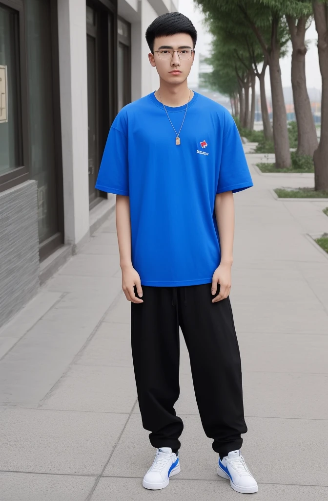 21 year old Beijing boy, he is wearing a oversize xxl blue plain t-shirt, he is wearing black trousers, he is wearing sneakers, he is wearing glasses, gym, full body, he is buzz cut Hair, foot, walking