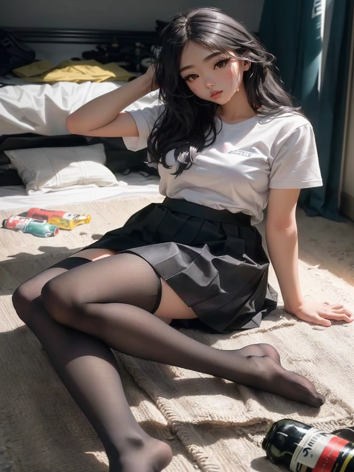 araffe sitting on the floor，Holding a bottle of beer and a bottle of beer in hand, Knee-high socks and skirt, wearing skirt and high socks, pantyhose Tights, nylon Tights, Natural light as background, Surrealism , Korean Girl, Very realistic, Wear tight, simple clothing, With black, Transparent grey skirt, Black skirt, Tights, very Very realistic