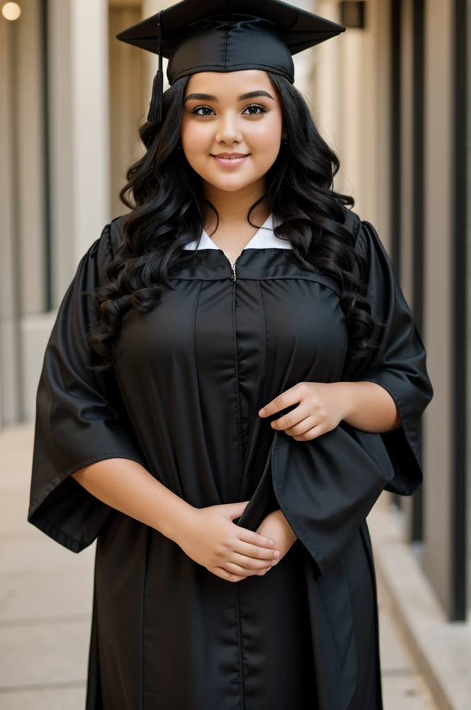 Chubby young woman with black curly hair wearing cap and gown