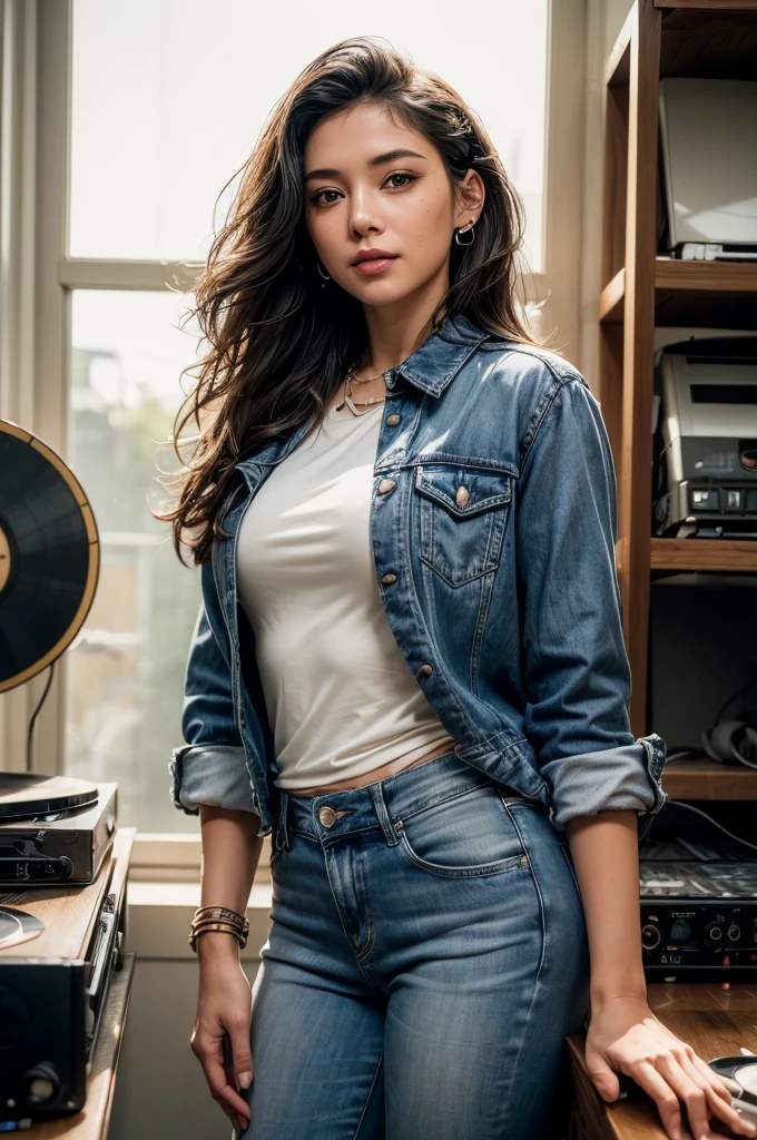 (work of art, best qualityer:1.4), ultra detali, smooth light, natural lighting, cinematic light, Film grain, (Depth of field), (1womanl, standing alone:1.4), mature woman, perfect female form, (face perfect, face detailed, Glossy lips, eyeliner), shorth hair, blond, (natural breasts), (white shirt unbuttoned, jeans, neckleace), (mixtape:1.4), (music store, discs, vinyl, radio, amplifiers, speakers, earbuds), (standing), smiling face, natural, outdoor
