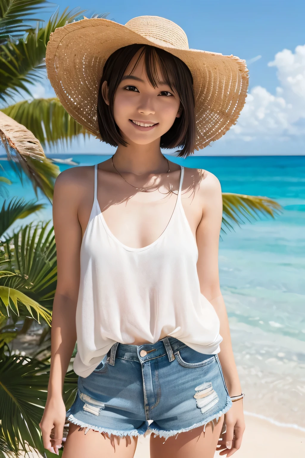 {
  "prompt": "A full-body image of a young Japanese woman standing on a tropical beach. She has short, silver hair that shines in the natural sunlight. She is wearing a white tank top and denim shorts, with one hand in her pocket. Her expression is bright and she has a gentle smile on her face. The background features a beautiful beach with white sand and a clear blue ocean. There are tall palm trees and tropical cottages in the distance. The sky is clear with a few fluffy w