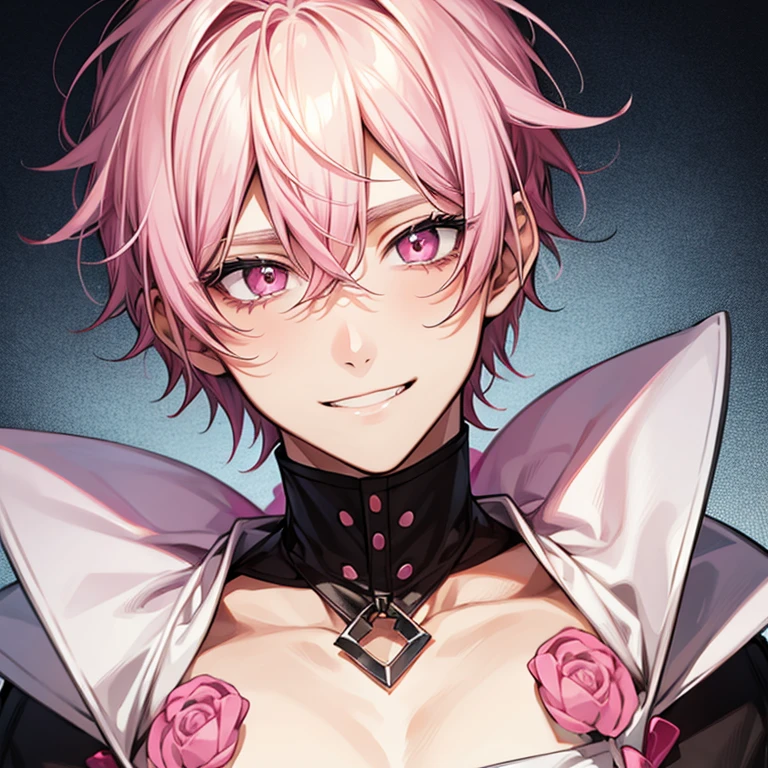 good looking, alone, 1 male, short hair, Pink Hair, Droopy eyes,Pink Eyes, Smile Facial