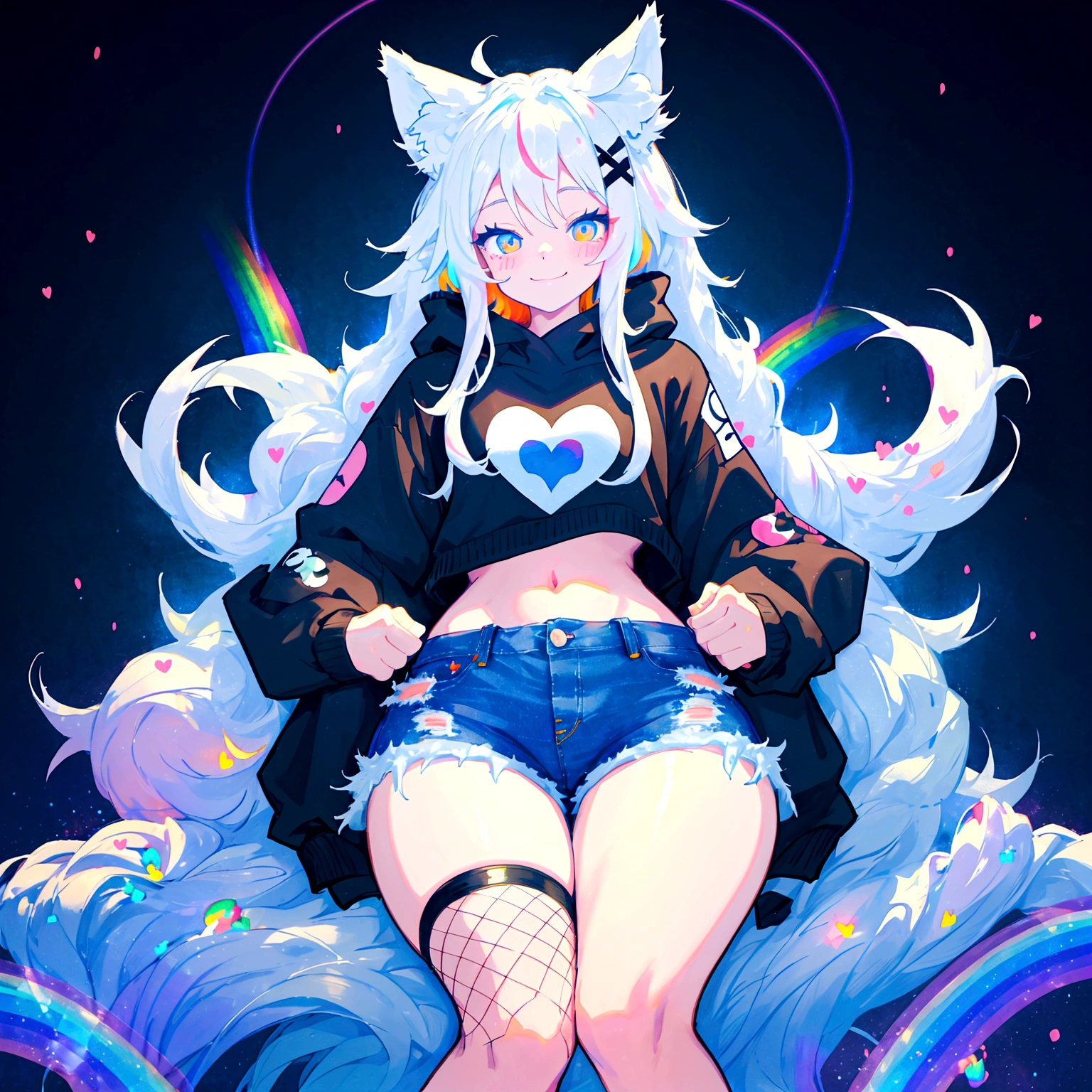 a cute adult male with wolf ears, long white hair, long locks, has a wolf tail, wearing a loose cropped black hoodie, wearing a pair of denim short shorts and fishnet stockings, thick thighs, wide hips, relaxing on mound of fluffy multi colored kawaii plushies, short, very slim, showing slender tummy, heart on hoodie, squishy thighs, has glowing blue eyes. alone, solo (ALONE)(SOLO), surrounded by rainbows, colorful galaxy backround, smiling