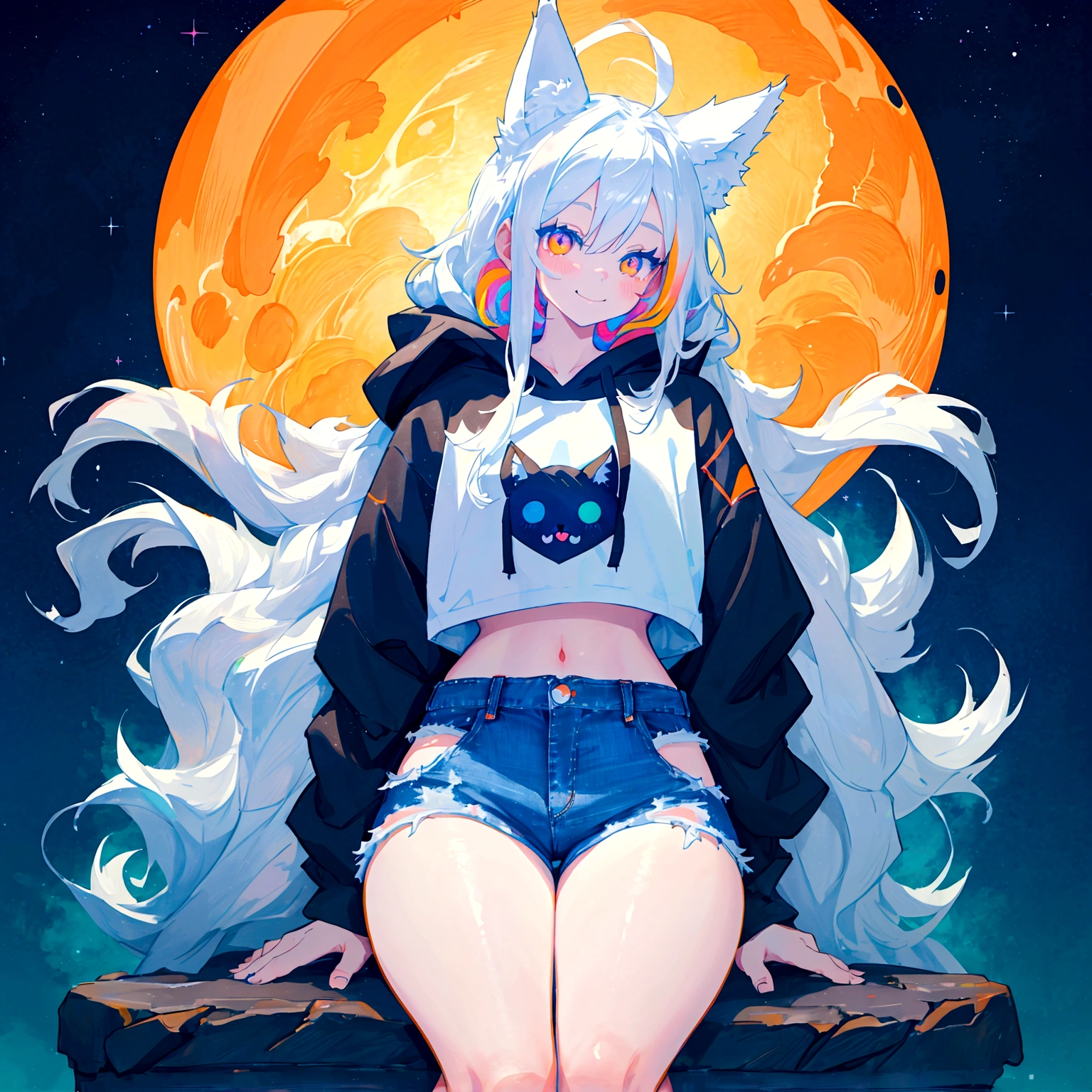 a cute adult male with wolf ears, long white hair, long locks, has a wolf tail, wearing a loose cropped black hoodie, wearing a pair of denim short shorts and fishnet stockings, thick thighs, wide hips, relaxing on mound of fluffy multi colored kawaii plushies, short, very slim, showing slender tummy, heart on hoodie, squishy thighs, has glowing blue eyes. alone, solo (ALONE)(SOLO), surrounded by rainbows, colorful galaxy backround, smiling