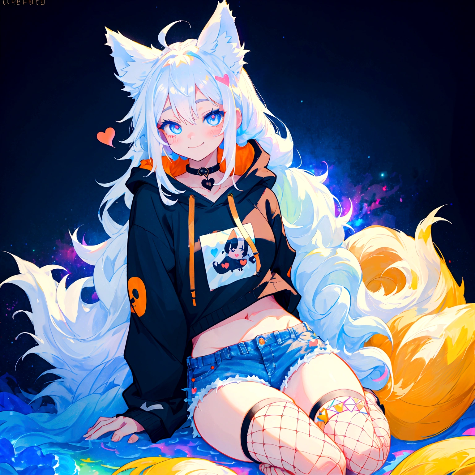 a cute adult male with wolf ears, long white hair, long locks, has a wolf tail, wearing a loose cropped black hoodie, wearing a pair of denim short shorts and fishnet stockings, thick thighs, wide hips, relaxing on mound of fluffy multi colored kawaii plushies, short, very slim, showing slender tummy, heart on hoodie, squishy thighs, has glowing blue eyes. alone, solo (ALONE)(SOLO), surrounded by rainbows, colorful galaxy backround, smiling