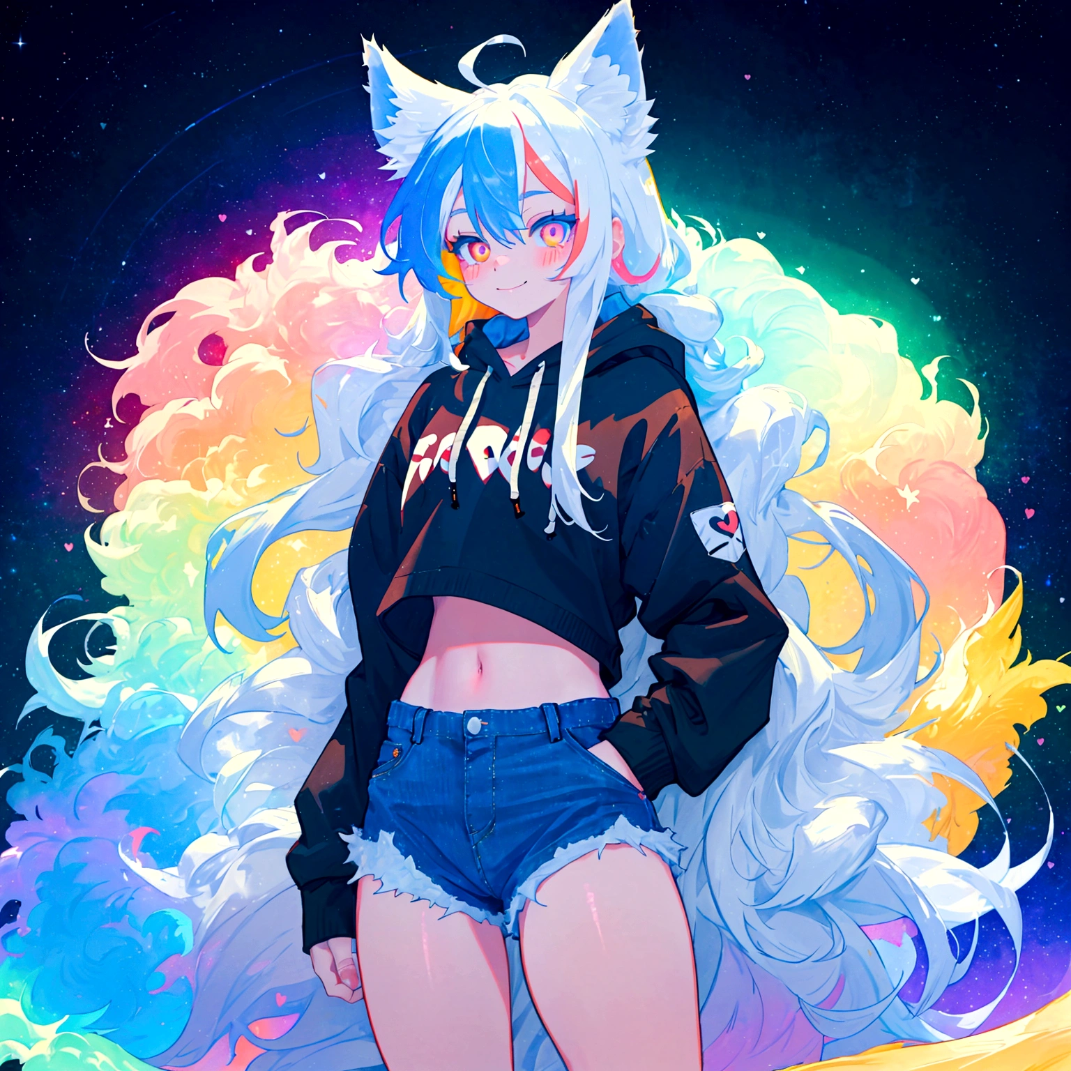 a cute adult male with wolf ears, long white hair, long locks, has a wolf tail, wearing a loose cropped black hoodie, wearing a pair of denim short shorts and fishnet stockings, thick thighs, wide hips, relaxing on mound of fluffy multi colored kawaii plushies, short, very slim, showing slender tummy, heart on hoodie, squishy thighs, has glowing blue eyes. alone, solo (ALONE)(SOLO), surrounded by rainbows, colorful galaxy backround, smiling
