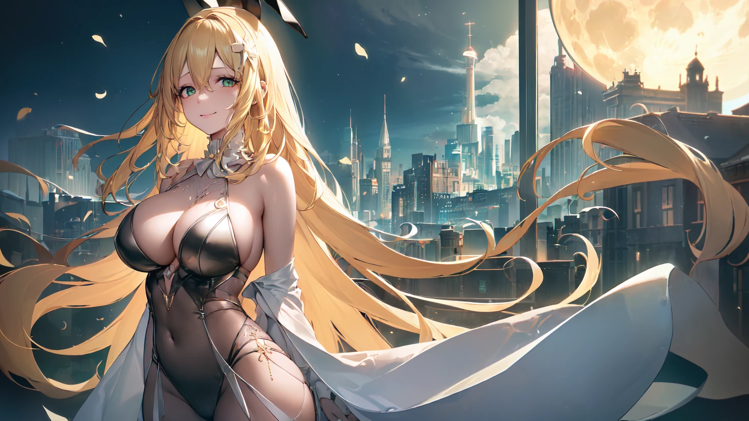 ((((Obra maestra, La mejor calidad, ultrahigh resolution)))), 1girl, standing,), ((long pure blonde hair, hair over eye)), long hair cut, shiny skin, ((green eyes)), glowing_eyes, neon eyes, (ultra detailed eyes:0.7, beautiful and detailed face, detailed eyes:0.9), ((centered)), smirk, facing viewer, ((vibrant background, dark lighting, summer, sunlight)), large chested, looking at viewer, ((half closed eyes)), ((perfect hands)), (((head:1, arms, hips in view, elbows, in view))), ((hands behind back)), empty eyes, beautiful lighting, ((outside, outdoors)), defined subject, head tilt, (((gritty)), ((creepy)), ((cool)), ((beautiful)), (((SFW))), hair ornament, petals in the air, moon in the sky, city, mature woman, adult woman, sfw, dark gold night dress, night dress, she is a princess, smiling