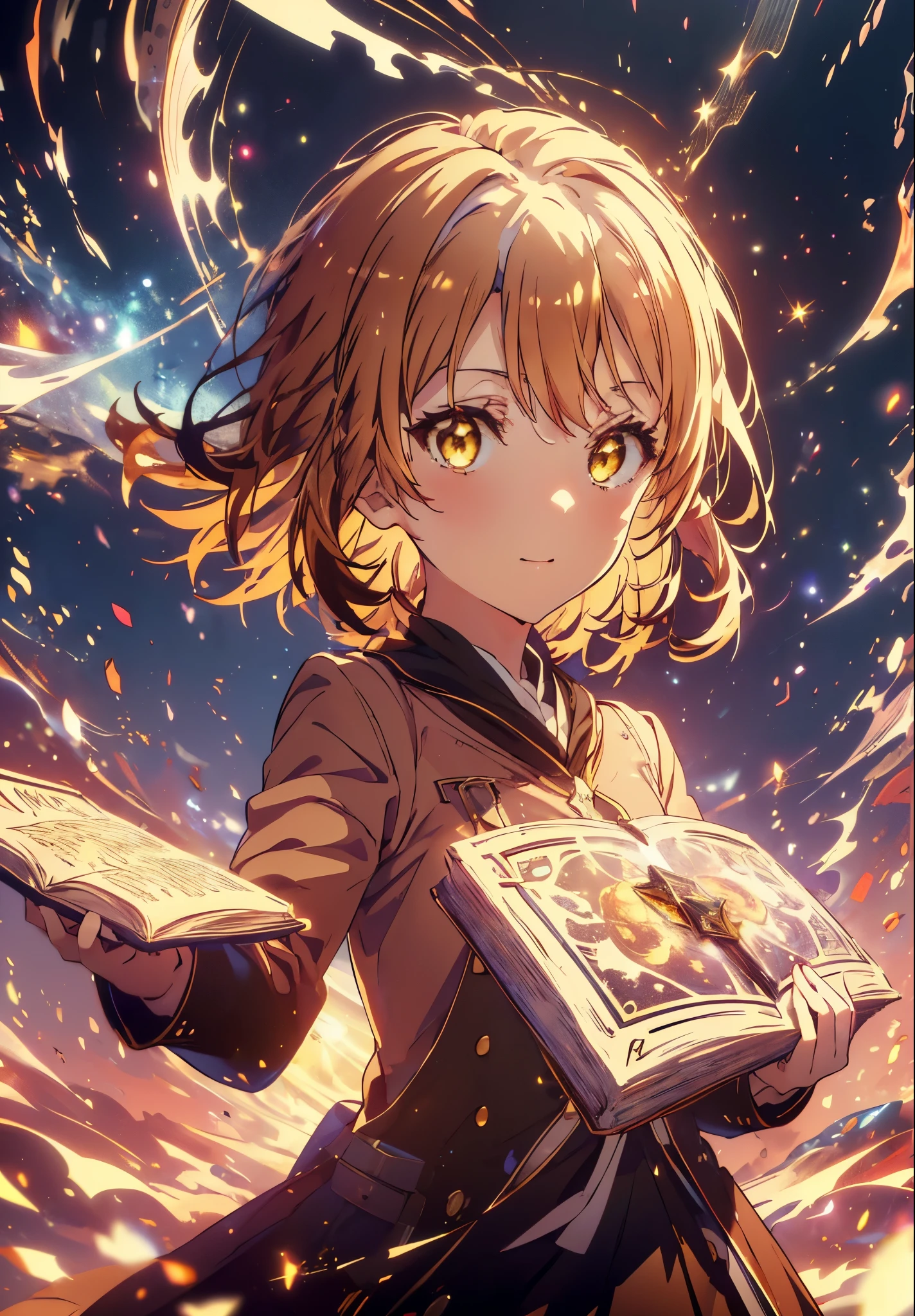 Irohaisshiki, isshiki iroha, Short Hair, Brown Hair, (Brown eyes:1.5), smile,((Night Sky)),((Big full moon)),((Sparkling and colorful stars)),Fluffy hair,((Idol style costume with soft volume)),Long skirt,Holding a magic book in his right hand,Uses magic with left hand,((witch)),Rubik's Square,
break outdoors, forest,forest
break looking at viewer,Upper Body,
break (masterpiece:1.2), Highest quality, High resolution, unity 8k wallpaper, (shape:0.8), (Narrow and beautiful eyes:1.6), Highly detailed face, Perfect lighting, Highly detailed CG, (Perfect hands, Perfect Anatomy),