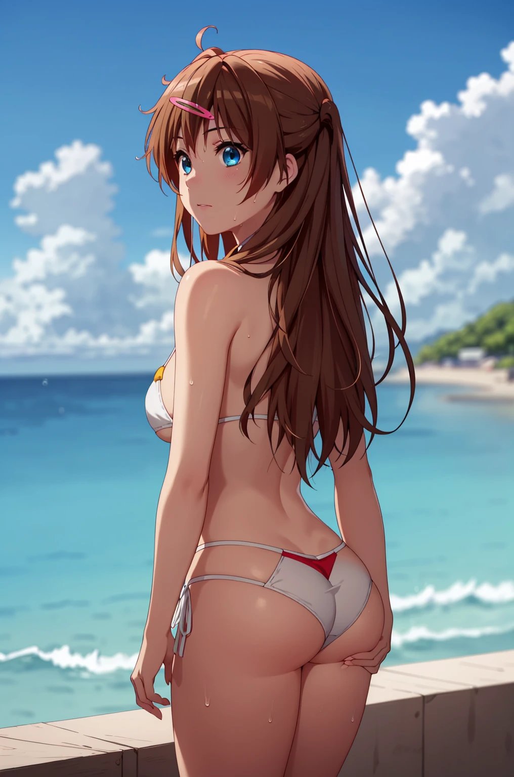((masterpiece, Highest quality, High resolution, uhd, Pixel perfect, Depth of written boundary, 4K, RTX, HDR)), 1 Girl, single, alone, 24-years-old, Beautiful Anime Girls, Beautiful art style, anime character, ((Parted bangs, Brown Hair)), (blue eyes、Round eyes, Delicate eyelashes、Beautiful eyelashes, Perfect Eyes), (Detailed face:1.2), (Smooth texture:0.75, Realistic texture:0.65, Realistic:1.2, Cinematic, Anime CG Style), Perfect body, Ocean:1.3、Moderately good breasts:1.7、Red Micro Bikini Swimsuit:1.8、Visible from the thighs:1.9、Wet、Water Drop、Splash、nsfw、visible from below、Seen from behind