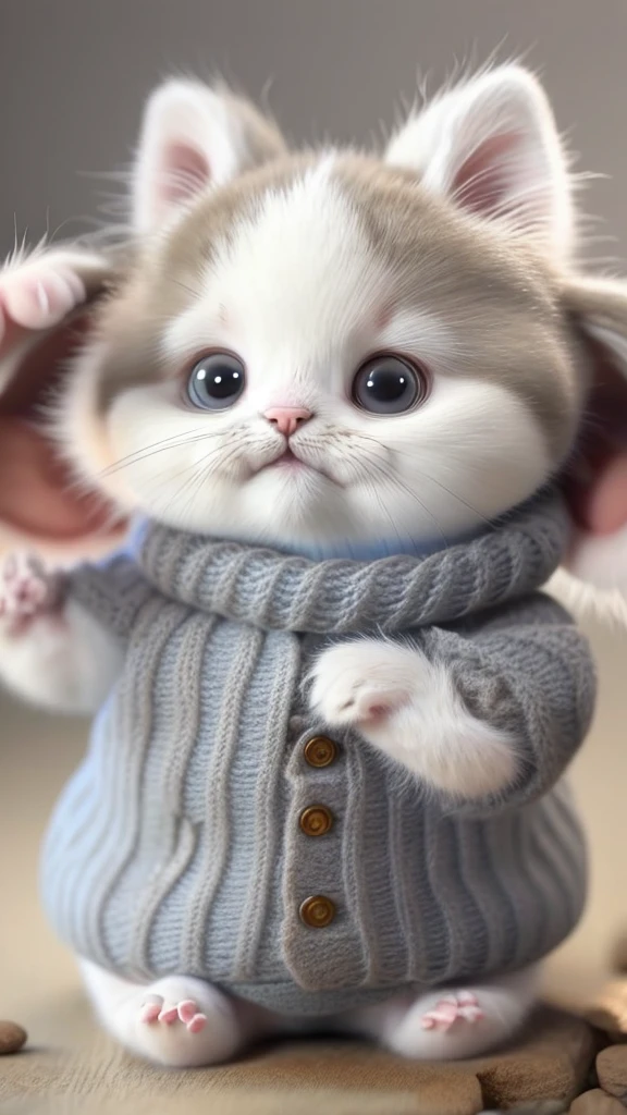kitten in clothes, detailed paws、Cute Paw、miniature kitten, Animal focus, bearded, realistic, POV Hand, ambiguous background,smile,interesting、