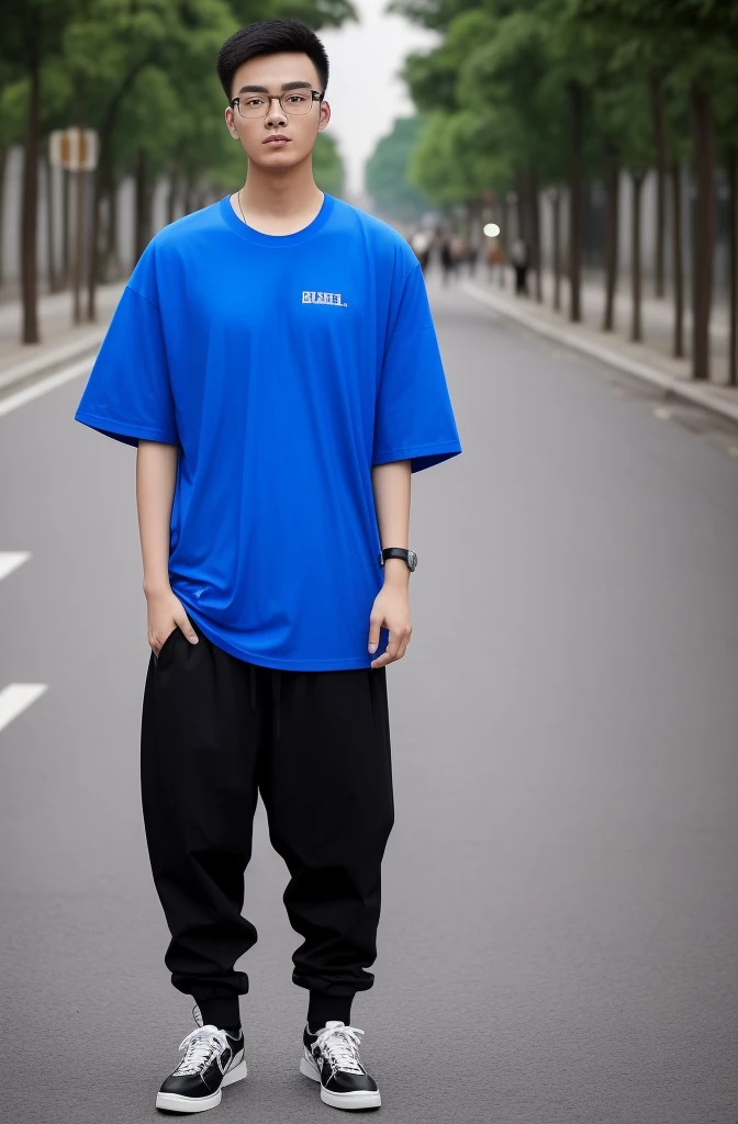 21 year old Beijing boy, he is wearing a oversize xxl blue plain t-shirt, he is wearing black trousers, he is wearing sneakers, he is wearing glasses, DJ set, full body, he is buzz cut Hair, foot, walking