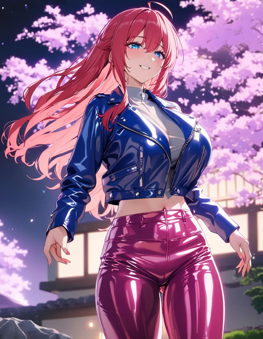 A woman wearing a yellow long-sleeved jacket, See-through Shiny blue jacket, Glossy leather jacket, red Hair, Ahoge, Long Hair, blue eyes, Big Breasts, Shiny pink leather pants, smile, Japanese Garden、Lighting..超High resolution , Main Work , Accurate , Anatomically correct , Textured skin , Super Detail , high quality , 最high quality, 8K, High resolution, Bokeh effect. (One female)
