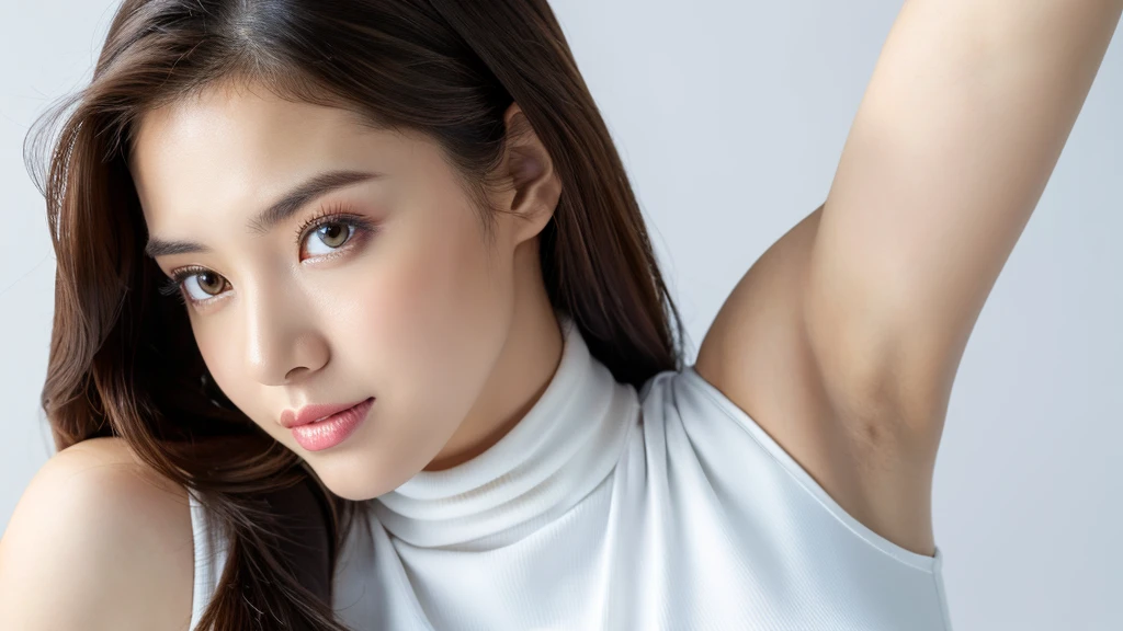 (detailed face),VIVID,normal breasts,pretty,sleeveless and turtle neck white silky clothes,4k ,super high resolution ,(photo-realistic: 1.7),white background,long hair,
