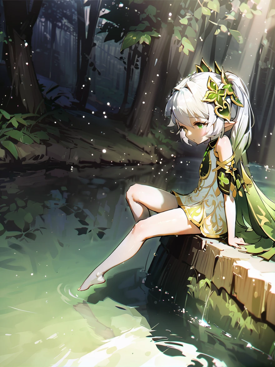 masterpiece,Highest quality,dispersion,alone,One girl, in the forest,Light particles, Light,Nahida,Arm support,Green Eyes,Waterfront