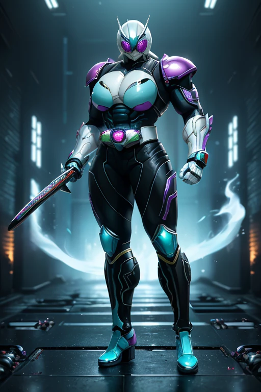 ((((Massive, beautiful, buff, muscular pale white skinned female kamen rider with cyan hair, black lipstick, ginormous bulky muscles, holding a fire sword katana and wearing a gleaming cyan kamen rider armored suit with pants)))), {close view}, black eyeliner, massive muscles, large breast, massive biceps, hyper muscle triceps, (long beachy hair), purple eyes, kamen rider boots, (In a dilapidated city), (kamen rider armor), (cape), nighttime, closed smile, hyper muscles arms, hyper muscle legs, ginormous arms