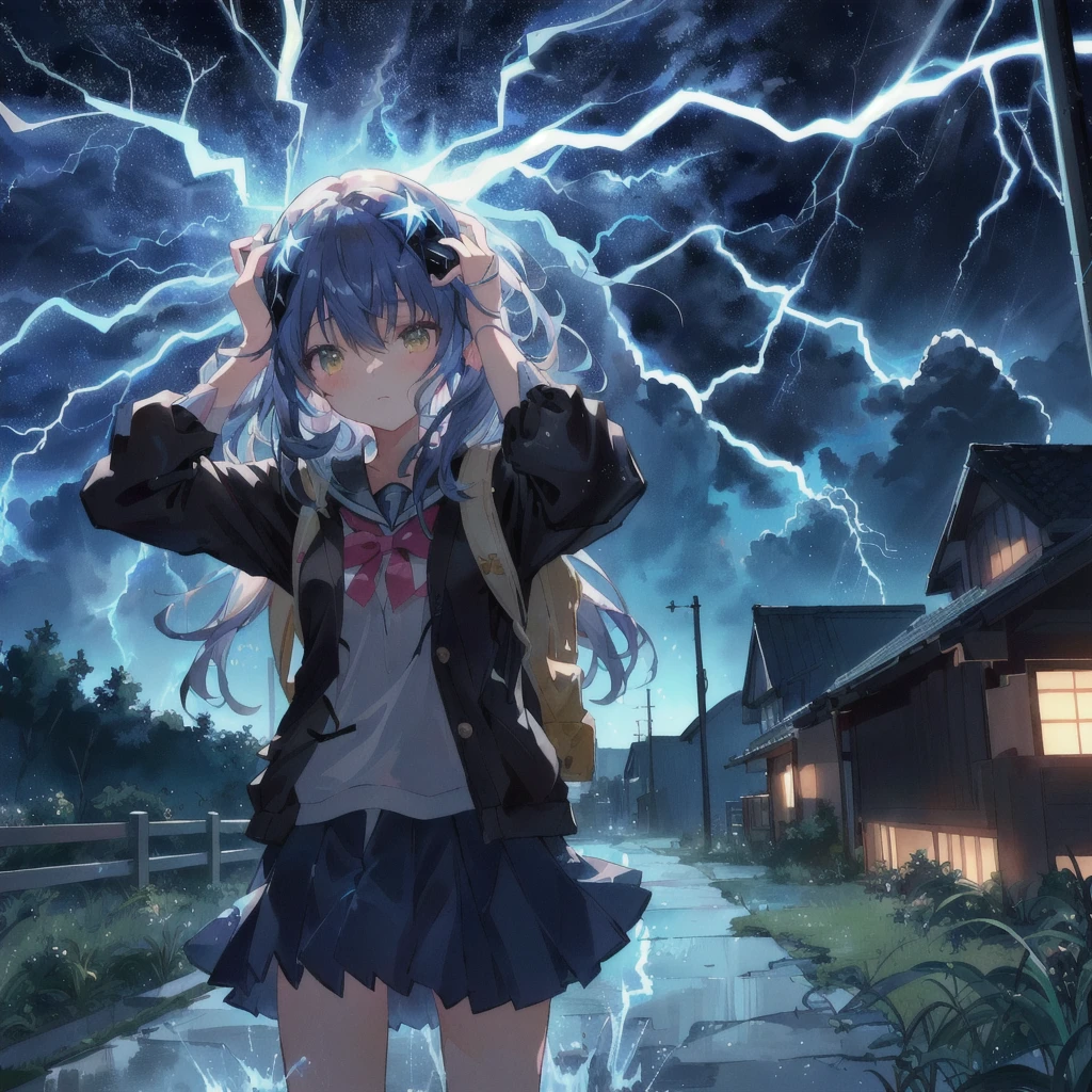 Standing in front of the house、Anime girl with a backpack on her head, anime lighting, lightning eyes, splashes of lightning behind her, Anime Style 4k, with lightning, Anime atmosphere, 4k anime wallpaper, lightning!!, Nightcore, detailed lighting and thunder, Stormy weather. makoto shinkai, she is attracting lightnings, lightning!!!