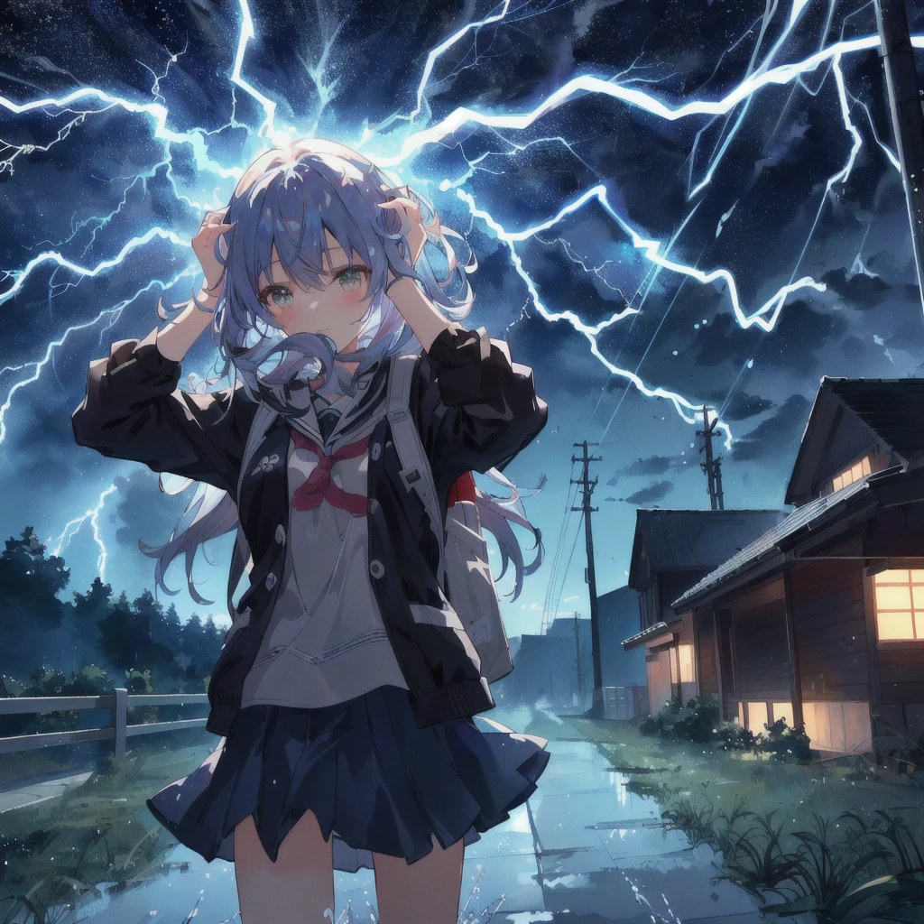 Standing in front of the house、Anime girl with a backpack on her head, anime lighting, lightning eyes, splashes of lightning behind her, Anime Style 4k, with lightning, Anime atmosphere, 4k anime wallpaper, lightning!!, Nightcore, detailed lighting and thunder, Stormy weather. makoto shinkai, she is attracting lightnings, lightning!!!