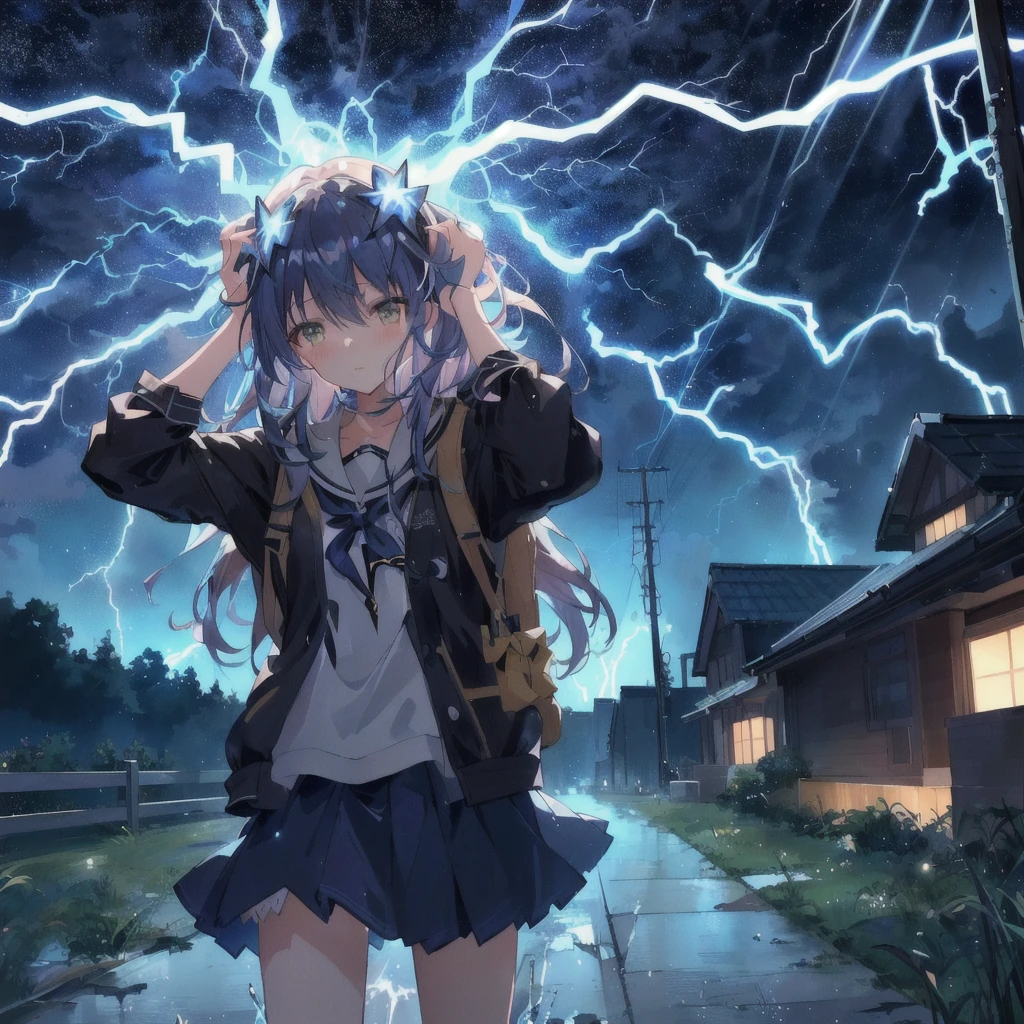 Standing in front of the house、Anime girl with a backpack on her head, anime lighting, lightning eyes, splashes of lightning behind her, Anime Style 4k, with lightning, Anime atmosphere, 4k anime wallpaper, lightning!!, Nightcore, detailed lighting and thunder, Stormy weather. makoto shinkai, she is attracting lightnings, lightning!!!