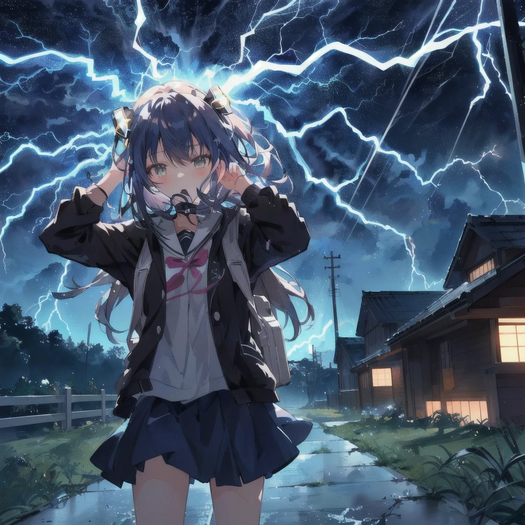 Standing in front of the house、Anime girl with a backpack on her head, anime lighting, lightning eyes, splashes of lightning behind her, Anime Style 4k, with lightning, Anime atmosphere, 4k anime wallpaper, lightning!!, Nightcore, detailed lighting and thunder, Stormy weather. makoto shinkai, she is attracting lightnings, lightning!!!