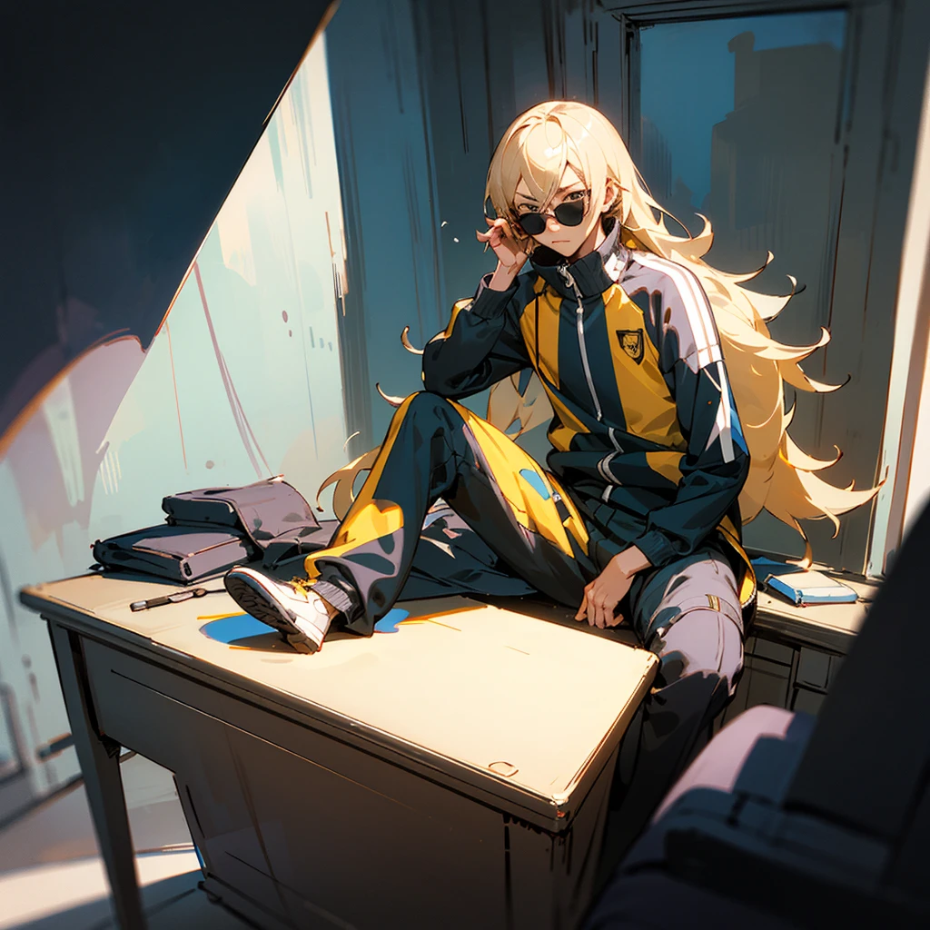 shigenori soejima concept art, blond long-hair male teenager, wearing sunglasses and black-yellow tracksuit, sitting behind desk in swanky office, katana holstered, masterpiece, high contrast