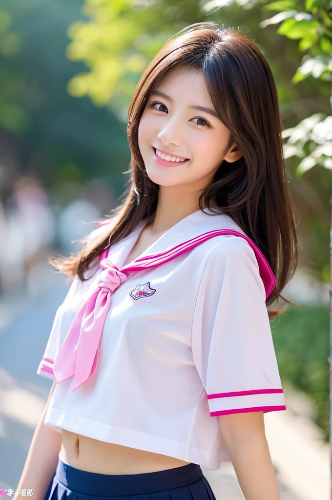 Image resolution 8K、masterpiece:1.3)、Beauty、1 female、(魅力的なbody:1.2)、abdomen:1.1、Dark Brown Hair:1.1、(body:1.2)、Ultra-detailed face、Attractive lips、double eyelid、Super realistic and detailed super cute in a white short sleeved zippered sailor suit and pink skirt、Japanese 、Japanese women、10th generation(18-year-old)、Smiling with a nice smile、Hair fluttering in the wind、