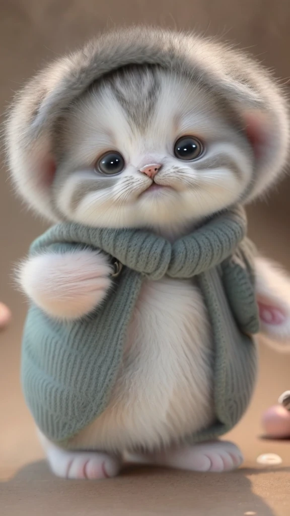 kitten in clothes, detailed paws、Cute Paw、miniature kitten, Animal focus, bearded, realistic, POV Hand, ambiguous background,smile,interesting、