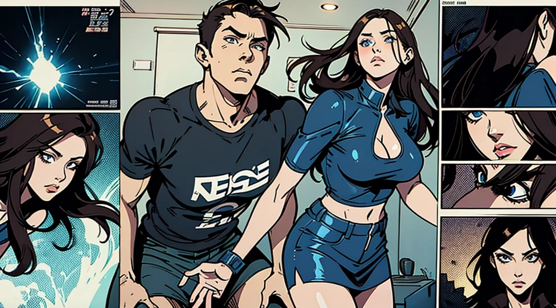 1 man 1 girl Manga comic sensual brunette girl Straight loose hair, blue eyes wet white t-shirt, black tabled skirt In a sensual pose, she teach self defense knee with a woden dummy (bigboob big ass) (wet t-shirt) (highly detailed) (concept art) (manga) (anime) (draw) (face anime detailed) (comics)