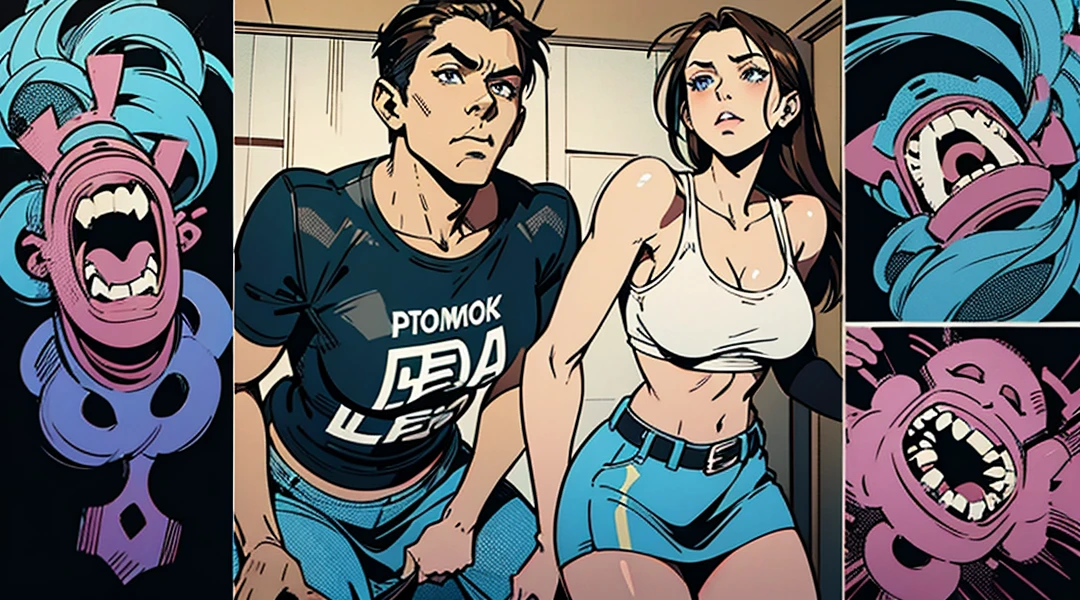 1 man 1 girl Manga comic sensual brunette girl Straight loose hair, blue eyes wet white t-shirt, black tabled skirt In a sensual pose, she teach self defense knee with a woden dummy (bigboob big ass) (wet t-shirt) (highly detailed) (concept art) (manga) (anime) (draw) (face anime detailed) (comics)