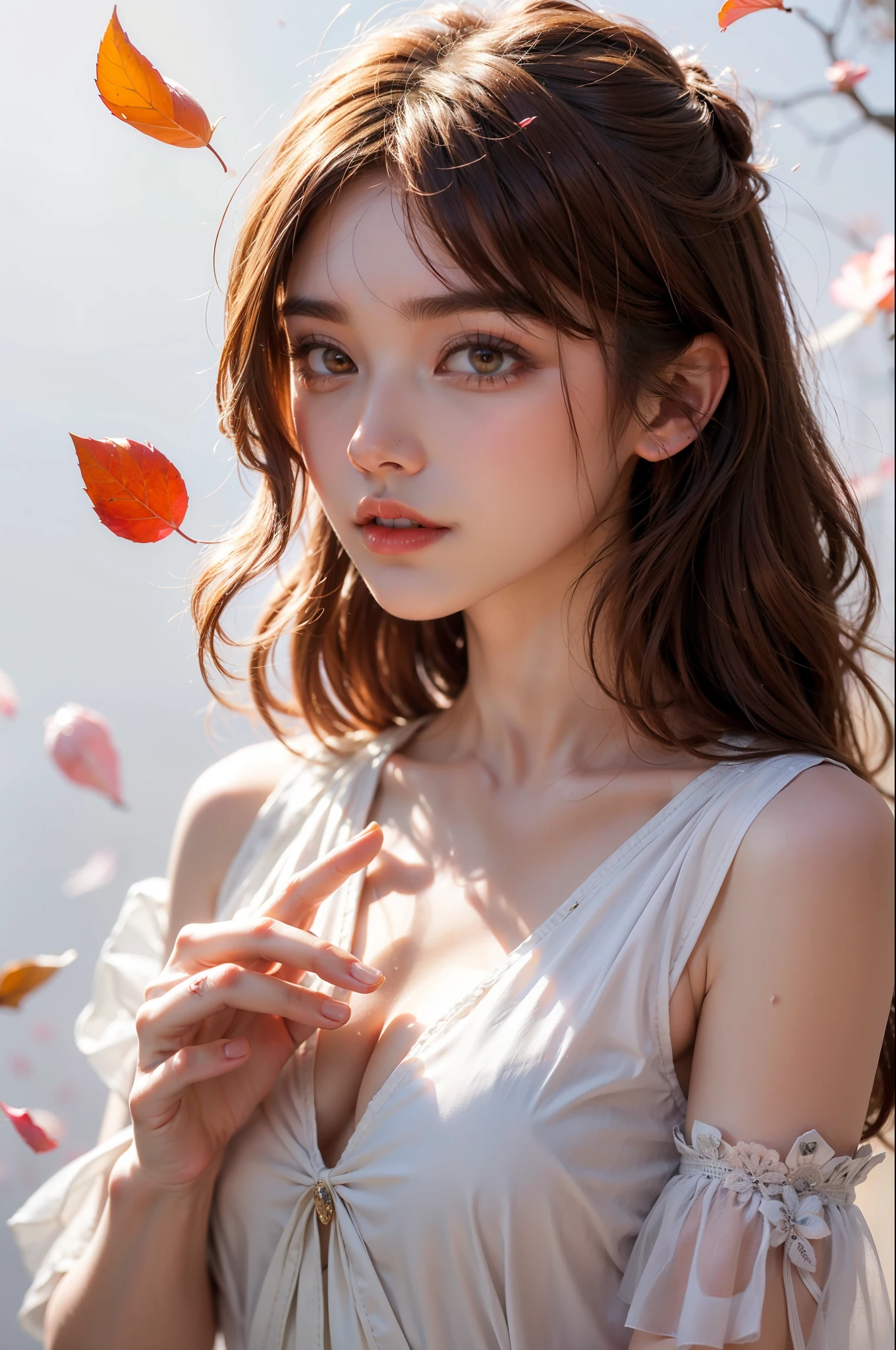 Shiny orange hair, orange eyes, rose and white, sakura leafs and rose petals, vivid colors, white dress, paint splash, simple background, ray tracing, wavy hair