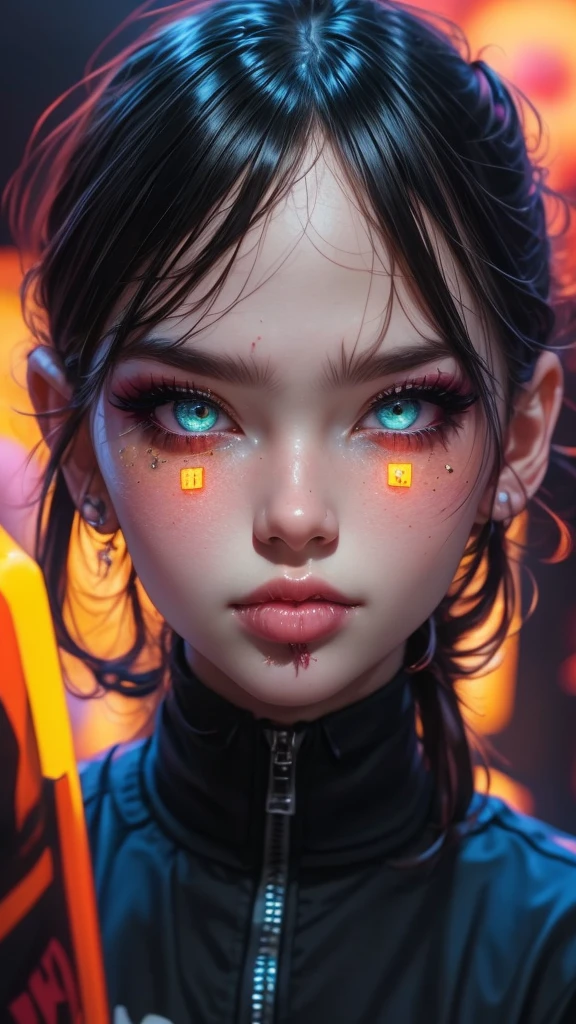 upper body, 1girl, loli, solo, Eye focus,Masterfully crafted Glow, pink lens flare, Cinematic background,colourful, hyper details, hdr, ultra detailed eyes, mature, plump, rainbow painting drops,(supermodel:1.3), indoors, (bioluminescent hair:1.1),(glowing eyes), ((makeup)), fierce, powerful, splashes of colour absolutely eye-catching, dynamic angle, beautiful detailed glow, ambient occlusion, ambient light, raytraced reflections, retro style, living arcade characters, arcade style world, gloves, jacket,weapon, shorts, black gloves, black jacket, drill hair, black shorts, eye wear on head, bubble blowing, chewing gum, (Cute face:1.3),