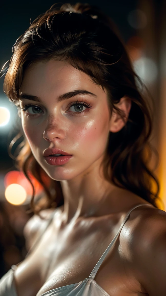 (((ultra realistic))) Photo, Masterpiece, Superior quality, (pale skin), (ultra detailed face and eyes.:1.3), 1 girl, adult, Bikini, (eye makeup, mask) , ((big detailed lips)), ((ash wavy hair)), ((Chiolka)) , (natural breasts), thin waist. ((posing)), selfie, free area, night,(night lighting), (The game of lights and shadows), depth of field, bokeh, (Special attention to leather details.: 1.2), detailed leather texture, skin pores. (Airy frame environment.. Color range: delicate, bright, White, Pink tones), DR, ((film grain)), ((good heavens)),  ((portrait from the waist up, close to the camera)) , ultra detialed, whole body, evening