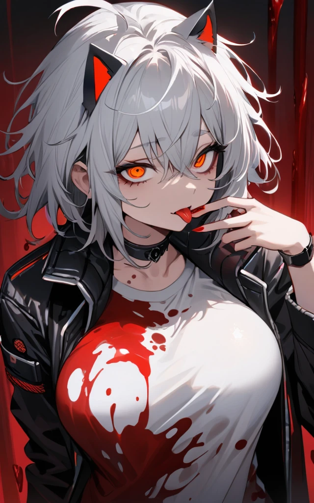 (masterpiece)、(absurdres)、(ultra detailed),Crazy Eyes、despair、Dark Side、closed mouth,Blood droplets、darkness,Blood pool space、Blood dripping background:1.3、(独奏),(silver cat ear on a head:1.1),(lady:1.0),(silver hair),(shortcut hair:1.0),(Messy Hair:1.0)、(Ahoge:1.0)、Orange Eyes、Big Breasts:0.8、choker,sleepy eyes、Cyberpunk jacket、Tshirt,Fingers with red liquid、Licking your fingers、Licking the red liquid with your tongue:1.1、upper body shot,nail:0.9