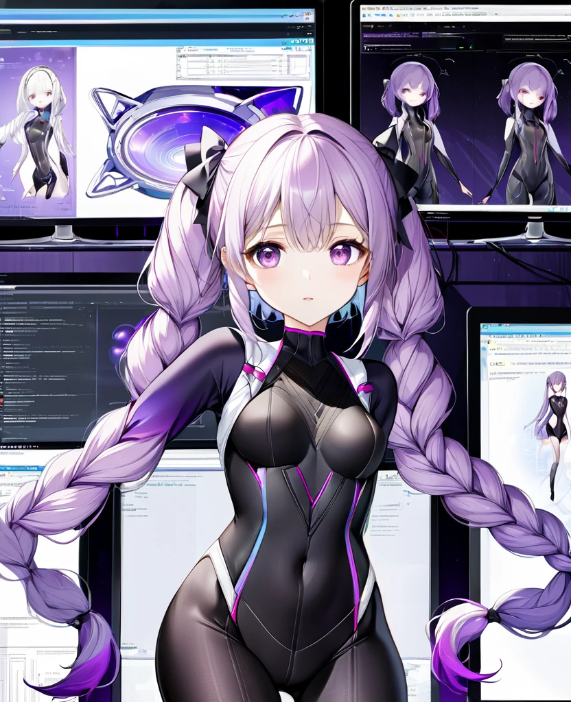 best quality, super fine, 16k, incredibly absurdres, extremely detailed, delicate and dynamic, (purple eyes and braided low twin tails with gradient from white to purple at the ends), background analyzer room lab, various image effects, bodysuit, looking at computer screens