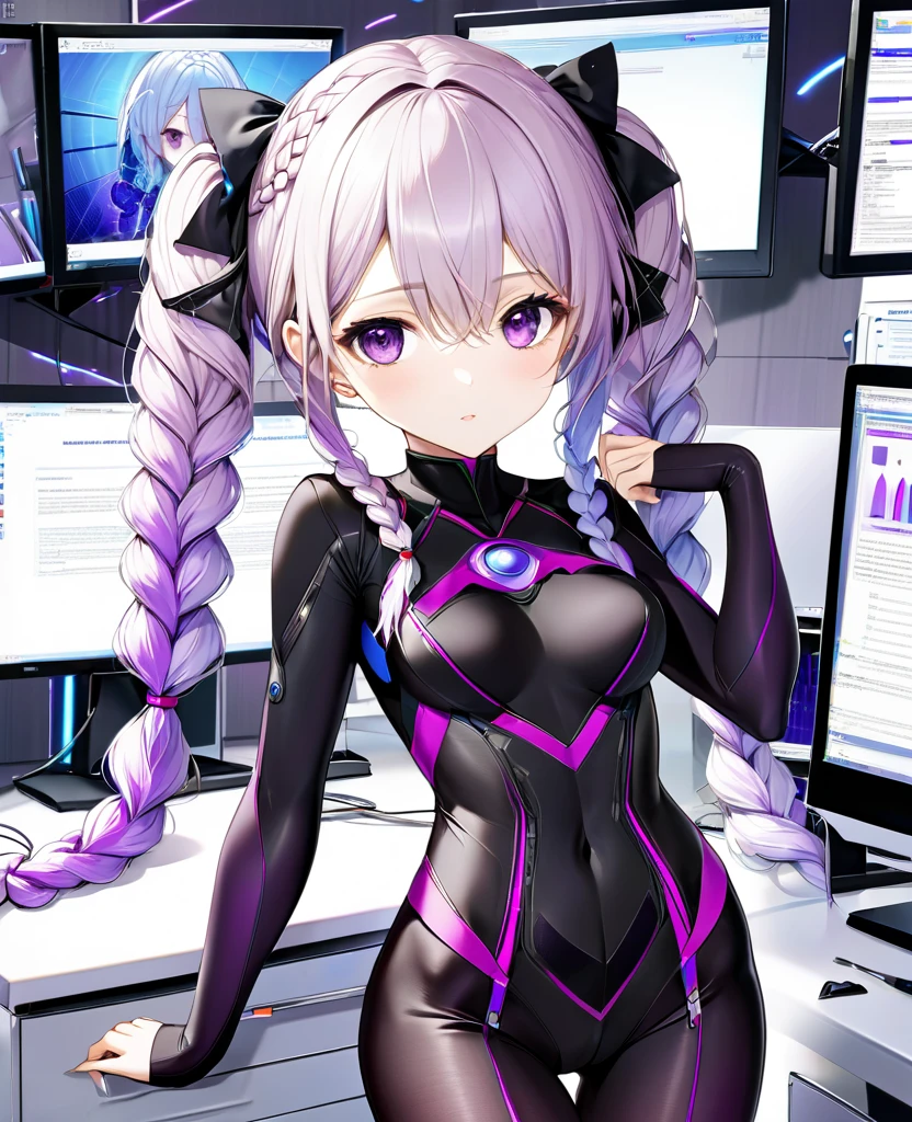 best quality, super fine, 16k, incredibly absurdres, extremely detailed, delicate and dynamic, (purple eyes and braided low twin tails with gradient from white to purple at the ends), background analyzer room lab, various image effects, bodysuit, looking at computer screens