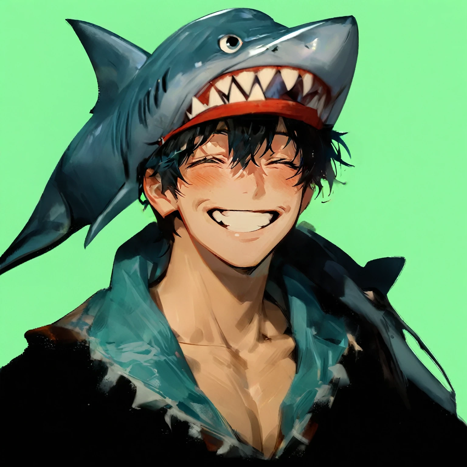 A boy laughing with his eyes closed and mouth wide open, looking happy