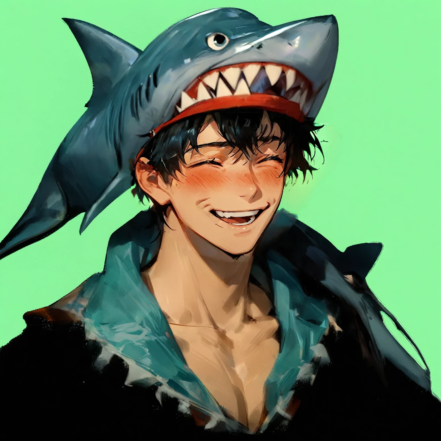 A boy laughing with his eyes closed and mouth wide open, looking happy