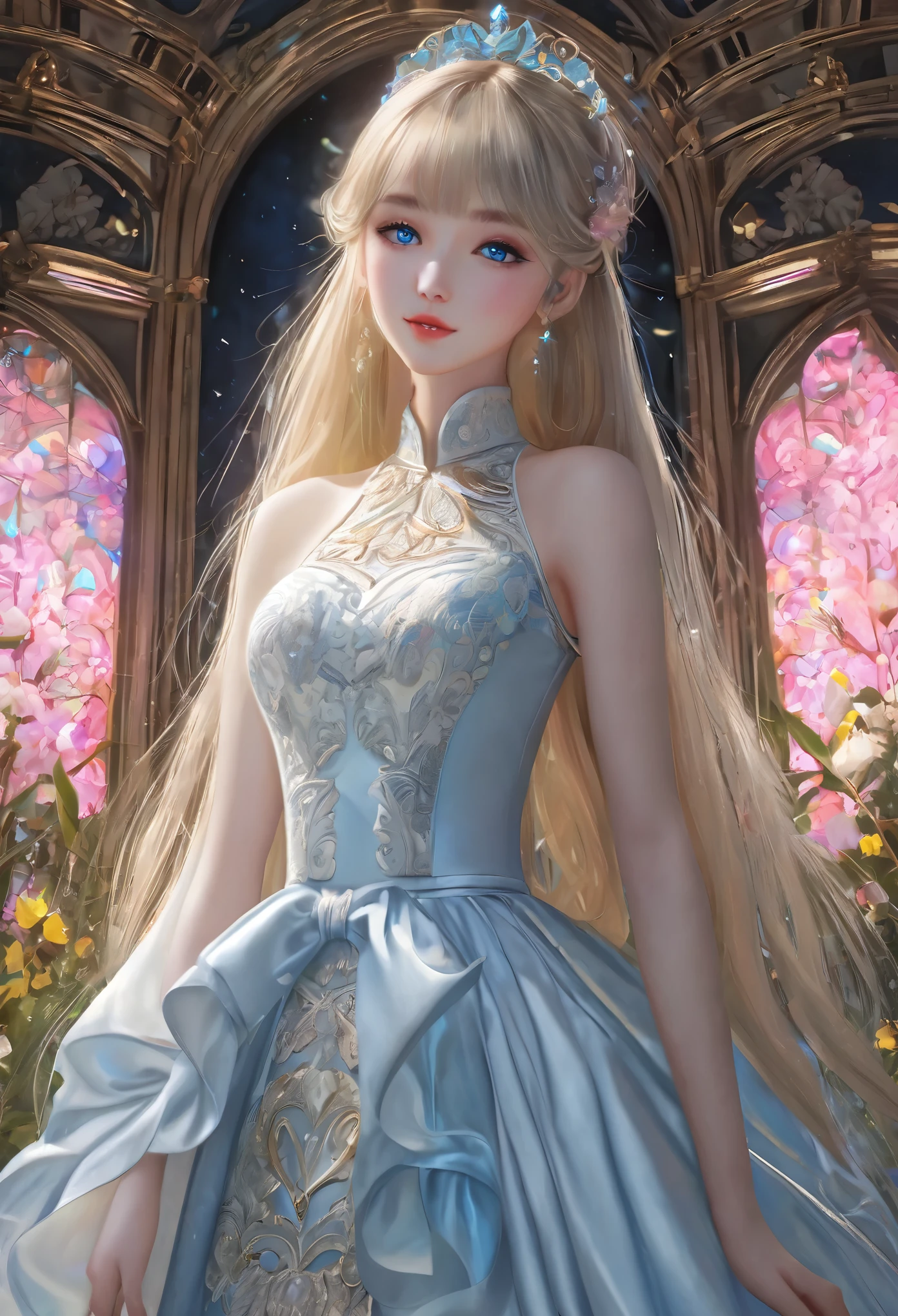 8K resolution, masterpiece, Highest quality, Award-winning works, unrealistic, sole sexy lady, doaxvv_Amy, healthy shaped body, 18 years old, 158cm tall, big firm bouncing busts, three size is B89/W55/H88, G cup busts, blonde long hair, twin pony tails, Break, Mysterious big blue eyes, Standard nose, Eyeliner, pink lips,  hair band,  sexy long legs, Clear skin, A pure white school dress with a complex structure, royal coat of arms, elegant, Very detailed, Digital Painting, artステーション, コンセプトart, Smooth, Sharp focus, shape, artジャム、Greg Rutkowski、Alphonse Mucha、William Adolphe Bouguereau、art：Stephanie Law , Royal Jewel, nature, Full Shot, Symmetric, Greg Rutkowski, Charlie Bowwater, beep, Unreal 5, Surreal, Dynamic Lighting, ファンタジーart, Complex colors, Colorful magic circle, flash, dynamic sexy poses, A kind smile, Mysterious Background, Aura, A gentle gaze, BREAK, Small faint lights and flying fireflies, night, lanthanum,