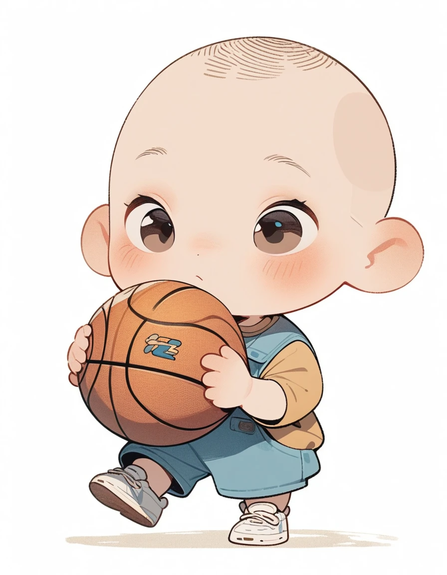 chibi style,Lovely,masterpiece, best quality, 8K, Clear focus,1 little boy,short hair,Buzz cut,Holding a basketball,Clean background