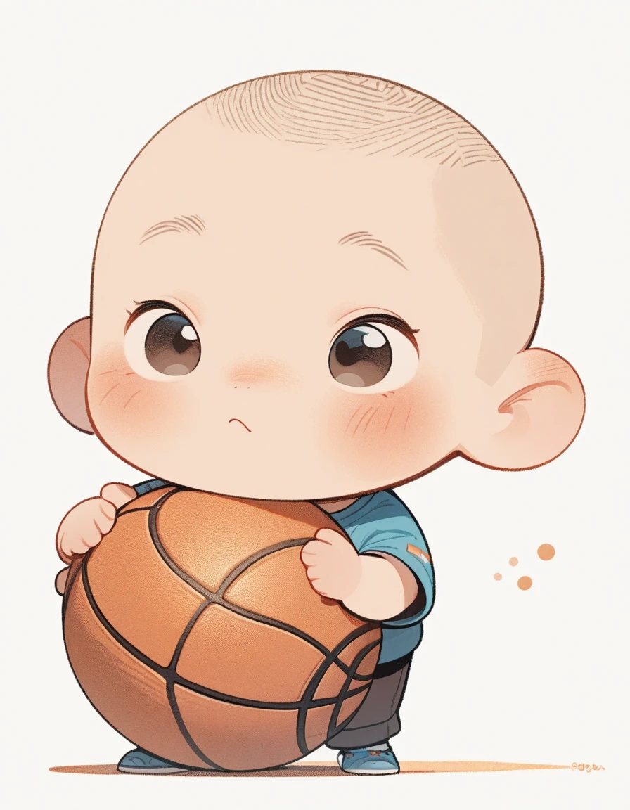 chibi style,Lovely,masterpiece, best quality, 8K, Clear focus,1 ,short hair,Buzz cut,Holding a basketball,Clean background