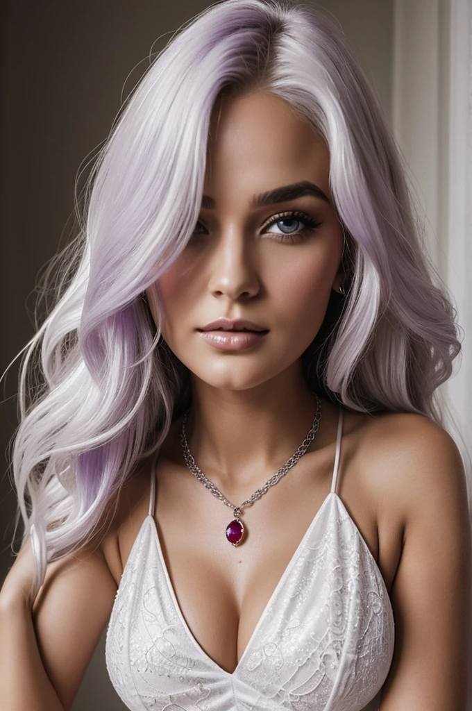 Women (age 27),It was as severe as it was sensual.,voluptuous,Hair (loose white color), Eyes ( they are purple),wear a dress (negro)with V neckline,a silver necklace with rubies